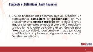 .….…………………………………………………….……………………………………………………….…………………………………………………………………………………………………………….AUDIONORD ©
« L’Audit financier est l’examen auquel procède un
professionnel compétent et indépendant, en vue
d’exprimer une opinion motivée sur la fidélité avec
laquelle les comptes annuels d’une entité traduisent
sa situation à la date de clôture et ses résultats pour
l’exercice considéré, conformément aux principes
et méthodes comptables en vigueur dans le pays où
l’entité a son siège. »
Concepts et Définitions : Audit financier
10
 
