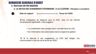 .….…………………………………………………….……………………………………………………….…………………………………………………………………………………………………………….AUDIONORD ©
Date du rapport Tenue de l’AGO
 Pas d’obligation de diligence pour le CAC, mais s’il est informé
d’événements significatifs, il doit suggérer :
 La modification des comptes (donc nouvelle tenue du CA)
 Ou l’information des actionnaires dans le rapport de gestion
 Si la réponse à ces suggestions, le CAC doit rédiger une
communication à lire lors de la tenue de l’AGO
107
a. LA REVUE DES EVENEMENTS POSTERIEURS A LA CLOTURE : Périodes à considérer
DEMARCHE GENERALE D’AUDIT
5. TRAVAUX DE FIN MISSION

 