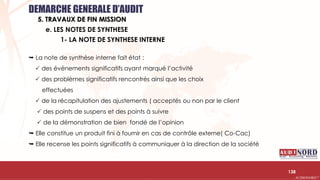 .….…………………………………………………….……………………………………………………….…………………………………………………………………………………………………………….AUDIONORD ©
1- LA NOTE DE SYNTHESE INTERNE
 La note de synthèse interne fait état :
 des événements significatifs ayant marqué l’activité
 des problèmes significatifs rencontrés ainsi que les choix
effectuées
 de la récapitulation des ajustements ( acceptés ou non par le client
 des points de suspens et des points à suivre
 de la démonstration de bien fondé de l’opinion
 Elle constitue un produit fini à fournir en cas de contrôle externe( Co-Cac)
 Elle recense les points significatifs à communiquer à la direction de la société
138
e. LES NOTES DE SYNTHESE
DEMARCHE GENERALE D’AUDIT
5. TRAVAUX DE FIN MISSION
 