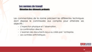 .….…………………………………………………….……………………………………………………….…………………………………………………………………………………………………………….AUDIONORD ©
Les normes de travail
Obtention des éléments probants
Les commentaires de la norme précisent les différentes techniques
dont dispose le commissaire aux comptes pour atteindre ses
objectifs :
- L’inspection physique et l ’observation,
- La confirmation directe,
- L’examen des documents reçus ou créés par l ’entreprise,
- Les contrôles arithmétiques
33
 