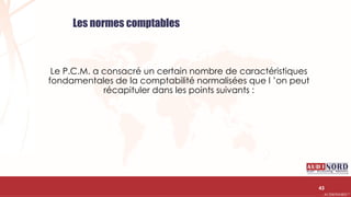 .….…………………………………………………….……………………………………………………….…………………………………………………………………………………………………………….AUDIONORD ©
Le P.C.M. a consacré un certain nombre de caractéristiques
fondamentales de la comptabilité normalisées que l ’on peut
récapituler dans les points suivants :
43
Les normes comptables
 