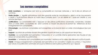 .….…………………………………………………….……………………………………………………….…………………………………………………………………………………………………………….AUDIONORD ©
44
• Unité monétaire : L ’entreprise doit tenir sa comptabilité en monnaie nationale, c ’est à dire en dirhams et
centimes.
• Partie double : L ’égalité arithmétique doit être garantie entre les mouvements « débit » et les mouvements
« crédit ». Toute écriture affecte au moins deux comptes dont l ’un est débité et l ’autre est crédité d ’une
somme identique.
• Justifications : La comptabilité doit s ’appuyer sur des pièces justificatives constituées, conservées, classées
dans un ordre défini, susceptibles de servir comme un moyen de preuve et portant les références de leur
enregistrement en comptabilité.
• Chronologie : Les écritures comptables sont enregistrées sur le journal dans un ordre chronologique (jour par
jour).
• Support : Les états de synthèse doivent être générés à partir de livres ou de supports en tenant lieu.
• Contrôle : La comptabilité doit permettre l ’instauration d ’un contrôle interne (prévention des fraudes et des
erreurs et conservation du patrimoine).
• Inventaire : L ’entreprise doit comptabiliser par inventaire l ’existence et la valeur des éléments actifs et passifs.
• Clarté : Chaque enregistrement comptable doit permettre d ’en connaître l ’origine, le contenu, l ’imputation
par nature, la qualification sommaire ainsi que la référence de la pièce justificative qui l ’appuie.
Les normes comptables
 