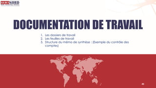 DOCUMENTATION DE TRAVAIL
1. Les dossiers de travail
2. Les feuilles de travail
3. Structure du mémo de synthèse : (Exemple du contrôle des
comptes)
45
 