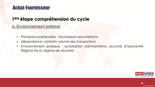 .….…………………………………………………….……………………………………………………….…………………………………………………………………………………………………………….AUDIONORD ©
1ère étape compréhension du cycle
a. Environnement externe
• Principaux partenaires : Fournisseurs sous-traitants,
• dépendance, contrats volume des transactions
• Environnement juridique : autorisation administrative; accords d’exclusivité
Régime fiscal, régime de douane.
66
Achat-Fournisseur
 