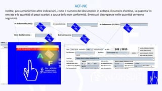 ACF-NC
Inoltre, possiamo fornire altre indicazioni, come il numero del documento in entrata, il numero d'ordine, la quantita’ in
entrata e la quantità di pezzi scartati a causa della non conformità. Eventuali discrepanze nelle quantità verranno
segnalate.
 