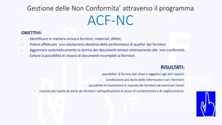 Gestione delle Non Conformita’ attraverso il programma
ACF-NC
OBIETTIVI:
- Identificare in maniera univoca fornitori, materiali, difetti;
- Potere effettuare una valutazione obiettiva della performance di qualita’ dei fornitori
- Aggiornare automaticamente lo storico dei documenti emessi relativamente alle non-conformità
- Evitare la possibilità di rilascio di documenti incompleti ai fornitori.
RISULTATI:
- possibilita’ di fornire dati chiari e oggettivi agli altri reparti;
- Condivisione più facile delle informazioni con i fornitori;
- possibilità di monitorare le risposte dei fornitori ed eventuali ritardi;
- risposta più rapida da parte dei fornitori nell’applicazione di azioni di contenimento e di miglioramento.
 