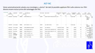 ACF-NC
Viene automaticamente salvata una cronologia o „storico” dei dati (è possibile applicare filtri sulle colonne ma i filtri
devono essere esclusi prima del salvataggio del file)
 