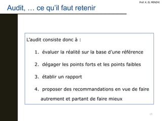 Audit, … ce qu’il faut retenir
15
Prof. K. EL MENZHI
L’audit consiste donc à :
1. évaluer la réalité sur la base d’une référence
2. dégager les points forts et les points faibles
3. établir un rapport
4. proposer des recommandations en vue de faire
autrement et partant de faire mieux
 