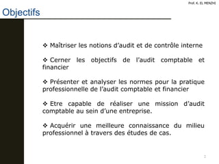 Objectifs
2
Prof. K. EL MENZHI
 Maîtriser les notions d’audit et de contrôle interne
 Cerner les objectifs de l’audit comptable et
financier
 Présenter et analyser les normes pour la pratique
professionnelle de l’audit comptable et financier
 Etre capable de réaliser une mission d’audit
comptable au sein d’une entreprise.
 Acquérir une meilleure connaissance du milieu
professionnel à travers des études de cas.
 