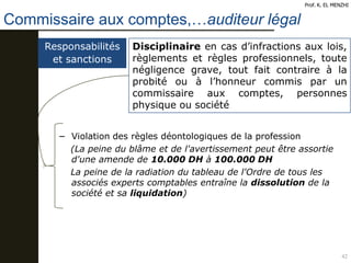 Commissaire aux comptes,…auditeur légal
42
Prof. K. EL MENZHI
Responsabilités
et sanctions
Disciplinaire en cas d’infractions aux lois,
règlements et règles professionnels, toute
négligence grave, tout fait contraire à la
probité ou à l’honneur commis par un
commissaire aux comptes, personnes
physique ou société
− Violation des règles déontologiques de la profession
(La peine du blâme et de l'avertissement peut être assortie
d'une amende de 10.000 DH à 100.000 DH
La peine de la radiation du tableau de l'Ordre de tous les
associés experts comptables entraîne la dissolution de la
société et sa liquidation)
 