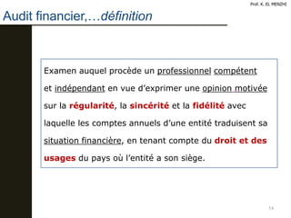 54
Examen auquel procède un professionnel compétent
et indépendant en vue d’exprimer une opinion motivée
sur la régularité, la sincérité et la fidélité avec
laquelle les comptes annuels d’une entité traduisent sa
situation financière, en tenant compte du droit et des
usages du pays où l’entité a son siège.
Prof. K. EL MENZHI
Audit financier,…définition
 