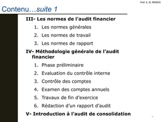 Contenu…suite 1
6
Prof. K. EL MENZHI
III- Les normes de l’audit financier
1. Les normes générales
2. Les normes de travail
3. Les normes de rapport
IV- Méthodologie générale de l’audit
financier
1. Phase préliminaire
2. Evaluation du contrôle interne
3. Contrôle des comptes
4. Examen des comptes annuels
5. Travaux de fin d’exercice
6. Rédaction d’un rapport d’audit
V- Introduction à l’audit de consolidation
 