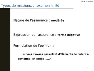 72
Types de missions, …examen limité
Prof. K. EL MENZHI
Nature de l’assurance : modérée
Expression de l’assurance : forme négative
Formulation de l’opinion :
« nous n’avons pas relevé d’éléments de nature à
remettre en cause ......»
 