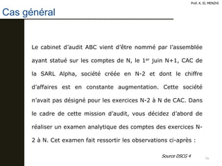 74
Cas général
Prof. K. EL MENZHI
Le cabinet d’audit ABC vient d’être nommé par l’assemblée
ayant statué sur les comptes de N, le 1er juin N+1, CAC de
la SARL Alpha, société créée en N-2 et dont le chiffre
d’affaires est en constante augmentation. Cette société
n’avait pas désigné pour les exercices N-2 à N de CAC. Dans
le cadre de cette mission d’audit, vous décidez d’abord de
réaliser un examen analytique des comptes des exercices N-
2 à N. Cet examen fait ressortir les observations ci-après :
Source DSCG 4
 