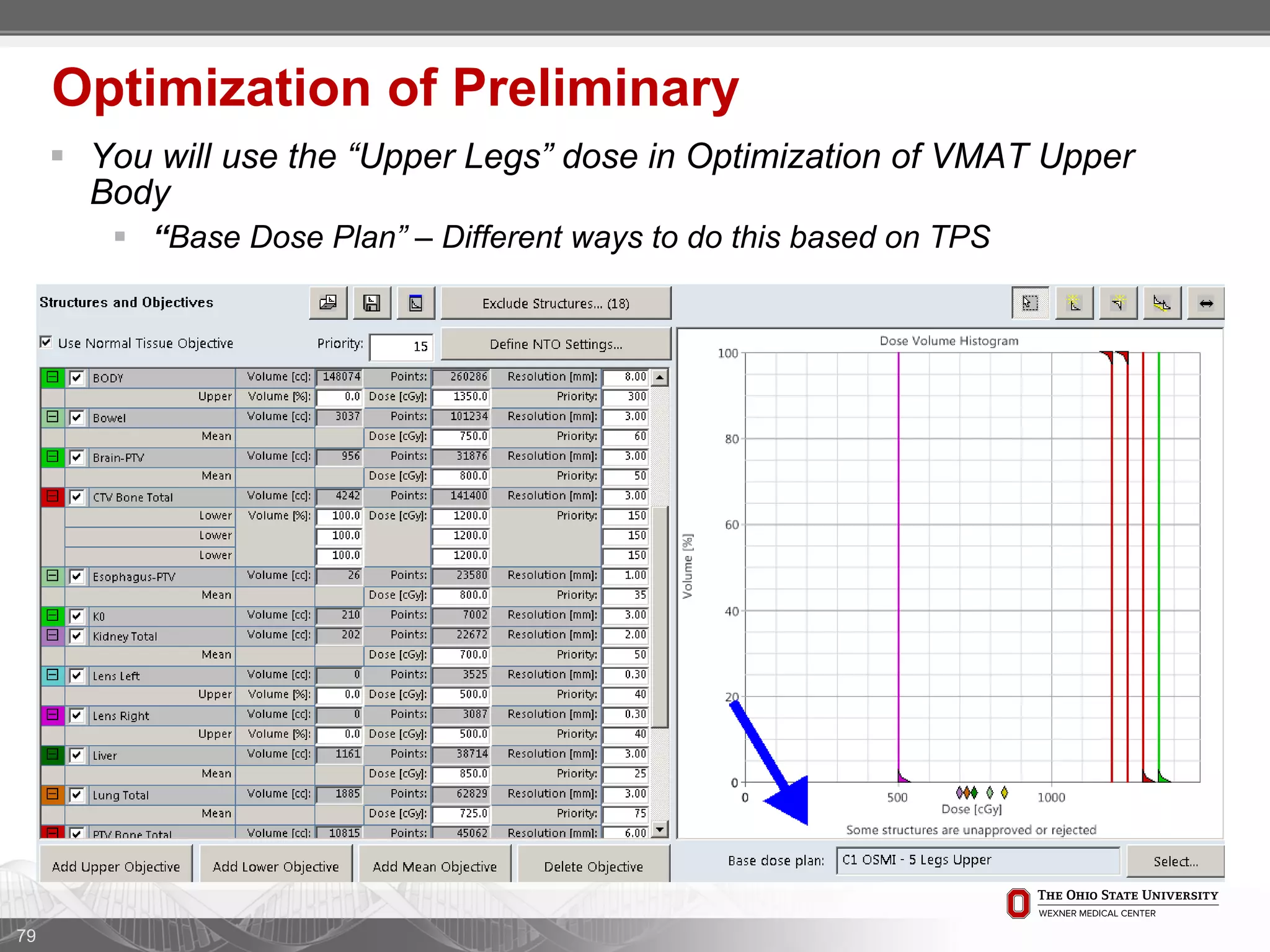 79
Optimization of Preliminary
 You will use the “Upper Legs” dose in Optimization of VMAT Upper
Body
 “Base Dose Plan” – Different ways to do this based on TPS
 