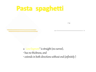 a "Line Segment" is straight (no curves),
• has no thickness, and
• extends in both directions without end (infinitely )
 