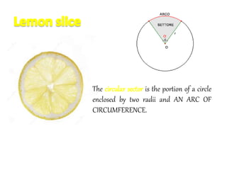The circular sector is the portion of a circle
enclosed by two radii and AN ARC OF
CIRCUMFERENCE.
 