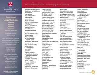 2012 Arnold P. Gold Foundation – Annual Campaign Donors (continued)
Rhona Berlin and John Gallagher
Sheryl Rosner and David Berman
W. David Bernal
Frank Bernardo
Elisa and Robert Bildner
Grace Bingham
Dr. John Bloom
Michael Blumenthal
Sarah and Emanuel Boasberg
Jeffrey Bogatin
Marie and Joseph Bologna
Lequetta D. Bowman
Robert S. Brainerd
Miklos and Joann Breuer
Diana Brill
Mary Beth and David Busby
Dr. Clara Callahan
Michael Campbell
Drs. Jacqueline Bello
	 and Peter Carmel
Margaret and Joseph Carroll
Beverly Chabinsky
Linda and Bernard Chalfin
Marilyn Chaus and
	 Leonard Navroth
Merill Chaus
David Chivo
Katherine Chowning*
Kathleen Moeder-Christensen
	 and Richard Christensen
Dr. Ming Chung
Debbie and Joe Ciavarella
Dr. Marc L. Citron
Drs. Linda Hawes Clever
	 and James Clever
Dr. David Clive
Arleen and Dr. Michael Cohen
Barbara and Michael Cohen
Carolyn Cohen and
	 Alan Dershowitz
Elaine and Martin I. Cohen
Dr. Michael B. Cohen
Dr. Sanford I. Cohen
Jane and Wayne Coleman
Congregation Beth-El
Sheila and Patrick Conroy
Josepha and Dr. Stuart Cook
Aaron and Kara Cooper
Ruth and Wallace Cowan
Cheryl and Edward Dauber
Richard J. Deckelbaum
Judith and Robert DeIasi
Susan and Victor Del Rio
Marilyn and Charles Desenberg
Zita Desenberg
Martha DeYoung
Claire and Alan Downes
Gloria Dreyer
Frances, Robert and Colleen Duffy
Colleen Dunn
Cynthia Keeffe Dunne
	 and Timothy Dunne
Gail Eagelfeld
Barbara and Alvin Eglow
Marvin Eiseman
Joan E. Ellis
Helen C. Epps
Dr. Ronald Epstein
Virginia and Mark Ewald
Dolores Farley
Phillip H. Farrington
Rella Feldman
Kerry Ford
Ellinor and Dr. Marvin Forland
Dr. Judith R. Fox
Carol Frank
Marilyn Frankel
Elaine and Dr. John Freeman
Rhonda and Dr. Bruce Freund
Drs. Sylvia* and Seymour* Fried
Marilyn and Dr. Eugene Friedberg
W. Randall Fuchs
Christine and Anthony Garafalo
Ann Georgian
Anne Gershon
Gayle and Mel Gerstein
Veda Gilman
Thomas Gilmore
Susan and Bruce Gilson
Marilyn and Mel Gittleman
Time Systems International Inc.
	 Stan Gleich
Barry Gold
Lorna and William Goldberg
Sylvia and Wayne Golden
Helene and Harold Goldman
Judith and Henry Goldrich
Kenneth Goodkind
Dr. Hope Schlossberg Goodman
	 and David Goodman
Deborah Goodrich
Sharon and Sidney Granetz
Michael J. Granoff
Dr. Rosalie Greenberg
Nanette and Irvin Greif, Jr.
Rebecca Grohman
Drs. Jerome Groopman
	 and Pamela Hartzband
Shirley and Alan Gurwich
Annie and Dr. Joseph Haddad
Dr. Mark Hallett
Linda and Richard Halperin
Hon and George Hantgan
Brett and Mitchell Harris
Susan R. Hassenbusch
Aubrey Hawes
Ria Grace Hawks and
	 Dr. James Hinkley Garvin
Drs. Gail Solomon Hecht
	 and Harvey Hecht
Kris Heim
Heinz Herrmann
Sharyl and David Hertz
Mimi and Kenneth Heyman
Stacy Hiller
Dr. Richard Hodes
Alice and Dr. Saul Hoffman
Dr. Elmer J. Holzinger, M.D.
Gary and Suha Huffaker
Teddi and Ted Hunter
Valerie and Dr. Allen Hyman
International Data Paper Ltd.
	 Jodie Weinstein
Miriam and Dr. Fred Jacobs
Jo Ann Jennings
Carol and Dr. Frank Jones
Robert and Betty Jones
Jacqueline and Stuart Kaffee
Marvin Kalb
Robin Abeshaus and
	 Stephen Kalm
Simon Kaminetsky
Daniel Kane
Roberta and Kenneth Kaplan
Stephanie and David Karsten
Pnina and Dr. Meyer Kattan
Dr. Joel Katz
Dr. Michael Katzman
Sandy Kazlow
Rosalee and Douglas Keech
Gloria Kessler
Dr. Rebekah Kim
CONTINUED – CLICK HERE
Mission Statement
A Message From The
President, CEO and Chair
Leadership
Innovation
Excellence
Inspiration
Statement of Activities
Campaign Donors
2012  •  2013
  
2012 -2013 Gifts In Honor Of
2012 -2013 Gifts In Memory Of
2012 -2013 Gifts In Gratitude
For Named Funds
  
Gold Humanism 
Honor Society
2012  •  2013
  
Academic Medicine
Gold Partners Council
Hospital Members
2012  •  2013
MEMBERS SCHOOLS
2012  •  2013
  
Board of Trustees
  
Medical  Professional
Advisory Council
xxx
 