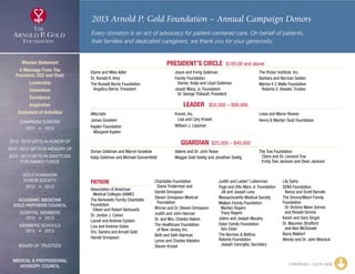 2013 Arnold P. Gold Foundation – Annual Campaign Donors
Every donation is an act of advocacy for patient-centered care. On behalf of patients,
their families and dedicated caregivers, we thank you for your generosity.
PRESIDENT’S CIRCLE  $100,00 and above
Elaine and Mike Adler
Dr. Ronald A. Arky
The Russell Berrie Foundation
	 Angelica Berrie, President
Joyce and Irving Goldman
Family Foundation
	 Dorian, Katja and Lloyd Goldman
Josiah Macy, Jr. Foundation
	 Dr. George Thibault, President
The Picker Institute, Inc.
Barbara and Norman Seiden
Marion E C Walls Foundation
	 Roberta S. Kessler, Trustee
LEADER  $50,000 – $99,000
Allscripts
James Goodwin
Kaplen Foundation
	 Margaret Kaplen
Kravet, Inc.
	 Lisa and Cary Kravet
William J. Lippman
Liesa and Myron Rosner
Henry  Marilyn Taub Foundation
GUARDIAN  $25,000 – $49,000
Dorian Goldman and Marvin Israelow
Katja Goldman and Michael Sonnenfeldt
Valerie and Dr. John Rowe
Maggie Gold Seelig and Jonathan Seelig
The Tow Foundation
	 Claire and Dr. Leonard Tow
	 Emily Tow Jackson and Dean Jackson
PATRON
Association of American
	 Medical Colleges (AAMC)
The Berkowitz Family Charitable
Foundation
	 Eileen and Robert Berkowitz
Dr. Jordan J. Cohen
Laurel and Andrew Epstein
Liza and Andrew Gates
Drs. Sandra and Arnold Gold
Harold Grinspoon
Charitable Foundation
	 Diane Troderman and
Harold Grinspoon
Steven Grinspoon Medical
	Foundation
Winnie and Dr. Steven Grinspoon
Judith and John Hannan
Dr. and Mrs. Charles Hatem
The Healthcare Foundation
	 of New Jersey, Inc.
Beth and Seth Klarman
Lynne and Charles Klatskin
Steven Kristel
Judith and Lester* Lieberman
Page and Otto Marx Jr. Foundation
	 Jill and Joseph Levy
Massachusetts Medical Society
Mellam Family Foundation
	 Marilyn Rogers
	 Tracy Rogers
JoAnn and Joseph Murphy
Oster Family Foundation
	 Ann Oster
The Norman  Bettina
Roberts Foundation
	 Joseph Canciglia, Secretary
Lily Safra
SENS Foundation
	 Nancy and Scott Barcelo
The Simms/Mann Family
Foundation
	Dr. Victoria Mann Simms
and Ronald Simms
Karen and Gary Singer
Dr. Maureen Strafford
	 and Alex McDonald
Barry Waldorf
Wendy and Dr. John Wasnick
CONTINUED – CLICK HERE
Mission Statement
A Message From The
President, CEO and Chair
Leadership
Innovation
Excellence
Inspiration
Statement of Activities
Campaign Donors
2012  •  2013
  
2012 -2013 Gifts In Honor Of
2012 -2013 Gifts In Memory Of
2012 -2013 Gifts In Gratitude
For Named Funds
  
Gold Humanism 
Honor Society
2012  •  2013
  
Academic Medicine
Gold Partners Council
Hospital Members
2012  •  2013
MEMBERS SCHOOLS
2012  •  2013
  
Board of Trustees
  
Medical  Professional
Advisory Council
xxx
 