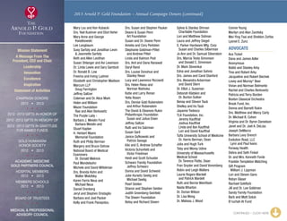 2013 Arnold P. Gold Foundation – Annual Campaign Donors (continued)
Mary Lou and Ken Kubacki
Drs. Yael Kushner and Eliot Heher
Mary Anne and George
	Kwiatkowski
Lee Langbaum
Susy Sarfaty and Jonathan Levin
	  Jeannette Sarfaty
Beth and Allen Levithan
Susan Shlanger and Avi Lewinson
Dr. Linda Lewis and Gary Gambuti
Dr. Ronald B. Low
Freema and Irving Ludmer
Elizabeth and Christopher Madison
Marcum LLP
	 Doug Farrington
Jeffrey Saltzer
Coleman and Dr. Alice Mark
Helen and William
Mazer Foundation
	 Rae and Alan Berkowitz
The Purple Lady -
Barbara J. Meislin Fund
	 Barbara Meislin and
Stuart Kaplan
H. Herbert Myers
	 Memorial Foundation
Ruth and Philip Berman
Margery and Bruce Ostrow
National Board of Medical
Examiners
	 Dr. Donald Melnick
Paul Mendelsohn
Michele and David Mittelman
Drs. Brenda Kohn and
	 Walter Molofsky
Karen Farris Neus and
	 Michael Neus
Daniel Orenberg
Jeryl and Stephen Oristaglio
Barbara and Joel Packer
Kelly and Frank Panayotou
Drs. Susan and Stephen Pauker
Deane  Susan Penn
	 Art Foundation
Susan and Dr. Deane Penn
Amelia and Cory Perlstein
Stephanie Goldman-Pittel
	 and Andrew Pittel
Linda and Kalmon Post
Drs. Anil and Dana Ranawat
Daryl Rand
Drs. Louise Donohue and
	 Stanley Resor
Lucy and Lawrence Ricciardi
Drs. Helen Riess and
	 Norman Nishioka
Katie and Larry Ronan
Yetta Rosen
Drs. Denise Gold Rubenstein
	 and Arthur Rubenstein
The David  Eleanore Rukin
Philanthropic Foundation
	 Susan and Julius Eisen
Jeffrey Saltzer
Ruth and Ira Salzman
Susan Saril
Janice Gofkowski and
	 Patrick Savage
Kiki and S. Andrew Schaffer
Victoria Schonfeld and
	 Victor Friedman
Heidi and Scott Schuster
Schwarz Family Foundation
	 Jeffrey Schwarz
Donna and David Schweid
Julie Hurwitz Seelig and
	 Michael Seelig
Pearl Seiden
Sharon and Stephen Seiden
Judith Greenberg-Seinfeld
The Sheerr Foundation
Betsy and Richard Sheerr
Sylvia  Stanley Shirvan
	 Charitable Foundation
Lori and Matthew Sidman
Laura and Jeffrey Siegel
S. Parker Hardware Mfg. Corp
	 Susan and Charles Silberman
Jo Ann and Dr. Samuel Silverstein
Drs. Marcia Testa Simonson
	 and Donald C. Simonson
Dr. Mark Slovenkai
Edna and Jonathan Sohnis
Drs. James and Carol Stanford
Drs. Alexandra Ackerman
	 and David Stern
Dr. Elliot J. Sussman
Deborah Klatskin and
	 Dr. Burton Sutker
Benay and Steven Taub
Shelley and Ira Taub
Jayanne Tedesco
TLK Foundation, Inc.
	 Jeremy Kaufthal
	 Joshua Kaufthal
	 Linda and Ilan Kaufthal
	 Lori and David Kaufthal
Tufts University School of Medicine
	 Dr. Harris Berman, Dean
Julia and Hugh Turk
Toby and Morey Udine
University of Massachusetts
Medical School
	 Dr. Terence Flotte, Dean
Fran Snyder and David Voremberg
Robin and Leigh Walters
Laurie Rogers Wardell
	 and Patrick Wardell
Ruth and Bernie Weinflash
Naida Wharton
Dr. Dorian Wilson
Dr. Lisa Wong
Dr. Malissa J. Wood
Connie Young
Marilyn and Alan Zaretsky
Mei-Ying Tsai and Sheldon Zorfas
Lyonel E. Zunz
ADVOCATE
Ace Ticket
Dana and James Adler
Anonymous
Bobbi and Stanley Arky
Tina and Robert Arky
Jacqueline and Robert Bechek
Lovey and Murray* Beer
Vivian and Norman Belmonte
Rachel and Charles Berkowitz
Patricia and Terry Borden
Boston Classical Orchestra
Brook Fund, Inc.
Donna and Barnett Rukin
Drs. Matthew and Marcy Carty
Dr. Michael B. Cohen
Virginia and Dr. Byron Danielson
Janet and Dr. Joel A. DeLisa
Joseph DeMarco
Barbara Levy Drench
Evolution Road, LLC
	 Lynn and Paul Ivans
Fenway Health
Debra and Seth Finkel
Dr. and Mrs. Kenneth Forde
Franklin Templeton Matching
Gift Program
	 William J. Lippman
Lori and Steven Gans
Robyn Glaser
Rachael Goldfarb
Jill and Dr. Lee Goldman
Sandy Family Foundation
Barb and Matt Golub
B’ruchah At Fund
CONTINUED – CLICK HERE
Mission Statement
A Message From The
President, CEO and Chair
Leadership
Innovation
Excellence
Inspiration
Statement of Activities
Campaign Donors
2012  •  2013
  
2012 -2013 Gifts In Honor Of
2012 -2013 Gifts In Memory Of
2012 -2013 Gifts In Gratitude
For Named Funds
  
Gold Humanism 
Honor Society
2012  •  2013
  
Academic Medicine
Gold Partners Council
Hospital Members
2012  •  2013
MEMBERS SCHOOLS
2012  •  2013
  
Board of Trustees
  
Medical  Professional
Advisory Council
xxx
 