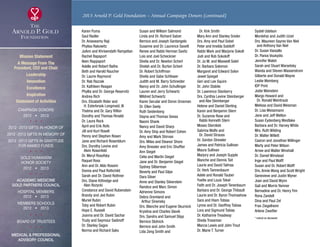2013 Arnold P. Gold Foundation – Annual Campaign Donors (continued)
Karen Puma
Saul Radler
Dr. Anaswamy Raji
Phyliss Rakowitz
JoAnn and Khrisendath Ramjattan
Rachel Rapaport
Ileen Rappaport
Adelle and Robert Rathe
Beth and Harold Raucher
Dr. Laurie Raymond
Dr. Rab Razzak
Dr. Kathleen Reagan
Phyllis and Dr. George Reservitz
Andrea Rich
Drs. Elizabeth Rider and
	 H. Esterbrook Longmaid, III
Thelma and Dr. Gary Rifkin
Dorothy and Thomas Rinaldi
Dr. Laura Rock
April and Erik Rofe
Jill and Kurt Rosell
Penny and Stephen Rosen
Jane and Richard Rosenblum
Drs. Dorothy Levine and
	 Alvin Rosenfeld
Dr. Meryl Rosofsky
Raquel Ross
Ann and Dr. Aldo Rossini
Donna and Paul Rothchild
Sarah and Dr. David Rothner
Drs. Diane Kittredge and
	 Alan Rozycki
Constance and David Rubenstein
Brandy and Jed Rubin
Muriel Rubin
Toby and Robert Rubin
Hope E. Russell
Joanna and Dr. David Sachar
Trudy and Seymour Sadinoff
Dr. Stanley Sagov
Norma and Richard Saks
Susan and William Salmond
Linda and Dr. Richard Salzer
Bernice and Joseph Santangelo
Susanne and Dr. Laurence Savett
Renee and Rabbi Herman Savitz
Lois and Joel Scheckner
Sheila and Dr. Newton Scherl
Shelah and Dr. Burton Scherl
Dr. Robert Schiffman
Sheila and Gabe Schlisser
Judith and M. Barry Schneider
Nancy and Dr. John Schullinger
Lauren and Jerry Schwartz
Mildred Schwartz
Karen Secular and Doron Grosman
Dr. Ellen Seely
Ruth Seidenberg
Dayna and Thomas Sessa
Naomi Shank
Nancy and David Sharp
Dr. Amy Ship and Robert Cohen
Amy and Mark Shirvan
Drs. Miles and Eleanor Shore
Amy Bressler and Eric Shuffler
Ann Siegel
Celia and Martin Siegel
Jane and Dr. Benjamin Siegel
Sydney Silberman
Beverly and Paul Silpe
Dara Silver
Anne and Stanley Silverstein
Randice and Marc Simon
Adrienne Simons
Debra Oremland and
	 Arthur Sinensky
Drs. Blanche and Eugene Skurnick
Krystina and Charles Slavik
Drs. Sandra and Samuel Slipp
Bernice Slotnick
Bernice and John Smith
Lida Zeng Smith and
	 Dr. Kirk Smith
Mary Ann and Stanley Snider
Drs. Amy and Paul Sobel
Peter and Imelda Sobiloff
Rabbi Mark and Marjorie Sokoll
Jodi and Rob Sokoloff
Dr. Jo M. and Maxwell Solet
Dr. Barbara Solomon
Margaret and Edward Solon
Jewel Spiegel
Geri and Lee Squire
Dr. John Stabile
Dr. Lawrence Stanberry
Drs. Cynthia Levine Steinberger
	 and Abe Steinberger
Helene and Daniel Sterling
Karen and Benjamin Stern
Dr. Suzanne Rose and
	 Rabbi Kenneth Stern
Moses Sternlieb
Sabrina Wolfe and
	 Dr. David Strauss
Dr. Gordon Strewler
James and Patricia Sullivan
Maura Sullivan
Marjory and Joseph Supple
Blanche and Dennis Tait
Laurie and David Talmas
Dr. Herb Tannenbaum
Adele and Ronald Tauber
Yvette and Louis Tekel
Faith and Dr. Joseph Tenenbaum
Barbara and Dr. George Thibault
Laurie and Dr. Byron Thomashow
Sara and Hiam Tobias
Lynne and Dr. Geoffrey Tobias
Lora and Sigmund Tobias
Dr. Katharine Treadway
Sheila Trossman
Marcia Lewis and John Trout
Dr. Marie T. Turner
Sydell Udelson
Mordehai and Judith Uziel
Drs. Maureen Sayres Van Niel
	 and Anthony Van Niel
Dr. Susan Vassallo
Dr. Panos Voukydis
Jennifer Walsh
Sarah and Stuart Warsetsky
Wanda and Steven Wasserstrom
Gilberte and Donald Wayne
Leslie Weinberg
IDP Print
Jodie Weinstein
Margo Howard and
	 Dr. Ronald Weintraub
Melissa and David Weisman
Dr. Lisa Weissmann
Jane and Jeff Welton
Susan Eydenberg Westlake
Barbara and Dr. Harvey White
Mrs. Ruth Wilding
Dr. Walter Willett
Caaron and Jonathan Willinger
Marty and Peter Wilson
Arnee and Walter Winshall
Dr. Daniel Winstead
Inge and Paul Wolff
Susan and Dr. Robert Wolff
Drs. Annie Wong and Scott Wright
Genevieve and Justin Wyner
Joan and David Wynn
Gail and Morris Yamner
Bernadine and Dr. Henry Yim
Rona Zandell
Dina and Paul Zel
Fran Ziegelheim
Arlene Zweifler
* indicat es deceased
Mission Statement
A Message From The
President, CEO and Chair
Leadership
Innovation
Excellence
Inspiration
Statement of Activities
Campaign Donors
2012  •  2013
  
2012 -2013 Gifts In Honor Of
2012 -2013 Gifts In Memory Of
2012 -2013 Gifts In Gratitude
For Named Funds
  
Gold Humanism 
Honor Society
2012  •  2013
  
Academic Medicine
Gold Partners Council
Hospital Members
2012  •  2013
MEMBERS SCHOOLS
2012  •  2013
  
Board of Trustees
  
Medical  Professional
Advisory Council
xxx
 
