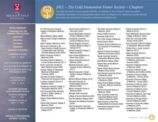 2012 – The Gold Humanism Honor Society – Chapters
The Gold Humanism Honor Society (GHHS), an initiative of The Arnold P. Gold Foundation,
recognizes exemplars of compassionate patient care. Its mission is to inspire and sustain lifelong
advocates and activists for humanistic professional medical care.
A.T. Still University, Kirksville
College of Osteopathic Medicine
	(2012)
Albany Medical College (2006)
Albert Einstein College of Medicine
	(2010)
Baylor College of Medicine (2007)
Ben-Gurion University of the
	Negev Faculty of Health Sciences
in collaboration with Columbia
University Medical Center (2004)
Boston University School of
	 Medicine (2006)
The Brody School of Medicine
	 at East Carolina University (2011)
Brown University, The Warren
	 Alpert Medical School (2008)
Chicago College of Osteopathic
	Medicine of Midwestern
University (2008)
Columbia University College of
	 Physicians and Surgeons (2003)
Creighton University School of
	 Medicine (2004)
Des Moines University College of
	 Osteopathic Medicine (2007)
East Tennessee State University
	James H. Quillen College of
Medicine (2005)
Eastern Virginia Medical School
	(2011)
Florida State University College of
	 Medicine (2006)
The Commonwealth Medical
	 College (2012)
Geisel School of Medicine at
	 Dartmouth (2005)
George Washington University
	 School of Medicine (2006)
Georgetown University
	 School of Medicine (2012)
Georgia Regents University-
	Augusta, Medical College of
Georgia (2010)
Howard University College of
	 Medicine (2009)
Icahn School of Medicine at
	 Mount Sinai (2004)
Indiana University School of
	 Medicine (2005)
Marshall University, Joan C.
	Edwards School of Medicine
(2012)
Medical University of South
	Carolina College of Medicine
(2005)
Meharry Medical College (2010)
Memorial University of
	Newfoundland Faculty of
Medicine (2006)
Mercer University School of
	 Medicine (2005)
Michigan State University
College of Human Medicine (2004)
New York Medical College (2007)
Northeast Ohio Medical University	
	(2004)
Nova Southeastern University
	College of Osteopathic Medicine
(2008)
Ohio State University College of
	 Medicine (2004)
Oregon Health  Science
University SOM (2010)
Penn State College of Medicine
Kienle Chapter (2003)
Perelman School of Medicine at
	the University of Pennsylvania
(2012)
Rosalind Franklin University of
	 Medicine and Science (2003)
Rowan University School of
	 Osteopathic Medicine (2004)
Rush Medical College (2005)
Rutgers New Jersey Medical
	 School (2003)
Rutgers Robert Wood Johnson
	 Medical School (2002)
Saint George’s University School
	 of Medicine (2004)
Saint Louis University School
	 of Medicine (2008)
Sidney Kimmel Medical College
	at Thomas Jefferson University
(2009)
Stanford University School of
	 Medicine (2009)
State University of New York
	Downstate Medical Center
College of Medicine (2007)
State University of New York
	 Upstate Medical University (2005)
Stony Brook University School
	 of Medicine (2004)
Temple University School of
	 Medicine (2010)
Texas AM Health Science Center
	 College of Medicine (2004)
Texas Tech University Health
	 Science Center (2007)
Touro University-California College
	 of Osteopathic Medicine (2009)
TTUHSC Paul L. Foster School of
	 Medicine (2012)
Tulane University School of
	 Medicine (2003)
University at Buffalo SUNY School
	of Medicine and Biomed.
Sciences (2004)
University of Alabama School
	 of Medicine (2006)
University of Alberta Faculty
	 of Medicine and Dentistry (2004)
University of Arizona College
	 of Medicine – Phoenix (2010)
University of Arizona College
	 of Medicine – Tucson (2007)
University of California, Davis,
	 School of Medicine (2010)
University of California, Irvine,
	 School of Medicine (2004)
University of California, San Diego,
	 School of Medicine (2004)
University of Chicago Pritzker
	 School of Medicine (2004)
University of Cincinnati College
	 of Medicine (2007)
University of Colorado School
	 of Medicine (2009)
CONTINUED – CLICK HERE
Mission Statement
A Message From The
President, CEO and Chair
Leadership
Innovation
Excellence
Inspiration
Statement of Activities
Campaign Donors
2012  •  2013
  
2012 -2013 Gifts In Honor Of
2012 -2013 Gifts In Memory Of
2012 -2013 Gifts In Gratitude
For Named Funds
  
Gold Humanism 
Honor Society
2012  •  2013
  
Academic Medicine
Gold Partners Council
Hospital Members
2012  •  2013
MEMBERS SCHOOLS
2012  •  2013
  
Board of Trustees
  
Medical  Professional
Advisory Council
xxx
 