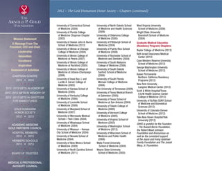 University of Connecticut School
	 of Medicine (2009)
University of Florida College
	of Medicine Chapman Chapter
(2003)
University of Hawaii John A. Burns
	 School of Medicine (2012)
University of Illinois at Chicago
	 College of Medicine (2004)
University of Illinois College of
	 Medicine at Peoria (2007)
University of Illinois College of
	 Medicine at Rockford (2005)
University of Illinois College of
	Medicine at Urbana-Champaign
(2006)
University of Iowa Roy J. and
	Lucille A. Carver College of
Medicine (2002)
University of Kansas School of
	 Medicine (2005)
University of Kentucky College
	 of Medicine (2006)
University of Louisville School
	 of Medicine (2009)
University of Maryland School of
	 Medicine (2007)
University of Minnesota Medical
	 School—Twin Cities (2004)
University of Mississippi School
	 of Medicine (2004)
University of Missouri – Kansas
City School of Medicine (2004)
University of Nevada School of
Medicine (2004)
University of New Mexico School
	 of Medicine (2009)
University of North Carolina School
	 of Medicine (2011)
University of North Dakota School
	of Medicine and Health Sciences
(2009)
University of Oklahoma College
	 of Medicine (2005)
University of Pittsburgh School of
	 Medicine (2004)
University of Puerto Rico School
	 of Medicine (2008)
University of Rochester School of
	 Medicine and Dentistry (2004)
University of South Alabama
	 College of Medicine (2006)
University of South Dakota
	Sanford School of Medicine
(2006)
University of South Florida
	Morsani College of Medicine
(2004)
The University of Tennessee (2009)
University of Texas Medical Branch
	 at Galveston (2005)
University of Texas School of
	 Medicine at San Antonio (2004)
University of Toledo College of
	 Medicine (2005)
University of Vermont College
	 of Medicine (2005)
University of Virginia School of
	 Medicine (2003)
University of Washington School
	 of Medicine (2012)
University of Wisconsin School of
	Medicine and Public Health
(2006)
Wake Forest University
	 School of Medicine (2004)
Wayne State University
	 School of Medicine (2005)
West Virginia University
	 School of Medicine (2008)
Wright State University
	Boonshoft School of Medicine
(2004)
Graduate Medical Education
(Residency Program) Chapters:
Baylor College of Medicine (2012)
Beth Israel Deaconess Medical
	 Center (2012)
Case Western Reserve University
	 School of Medicine (2012)
George Washington University
	 School of Medicine (2012)
Kaiser Permanente
	Northern California Residency
Programs (2012)
New York University
	 Langone Medical Center (2012)
Scott  White Hospital/Texas
	A  M Health Science Center
College of Medicine (2012)
University of Buffalo SUNY School
	of Medicine and Biomedical
Sciences (2012)
University of Colorado-Denver
	 School of Medicine (2012)
Yale-New Haven Hospital/Yale
	 University (2012)
GHHS is grateful for the Founders
– The Russell Berrie Foundation,
the Robert Wood Johnson
Foundation and Anonymous-as
well as the consistent support
of the Joyce and Irving Goldman
Family Foundation and The Josiah
Macy, Jr. Foundation.
2012 – The Gold Humanism Honor Society – Chapters (continued)
Mission Statement
A Message From The
President, CEO and Chair
Leadership
Innovation
Excellence
Inspiration
Statement of Activities
Campaign Donors
2012  •  2013
  
2012 -2013 Gifts In Honor Of
2012 -2013 Gifts In Memory Of
2012 -2013 Gifts In Gratitude
For Named Funds
  
Gold Humanism 
Honor Society
2012  •  2013
  
Academic Medicine
Gold Partners Council
Hospital Members
2012  •  2013
MEMBERS SCHOOLS
2012  •  2013
  
Board of Trustees
  
Medical  Professional
Advisory Council
xxx
 