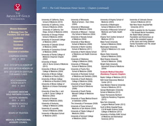 2013 – The Gold Humanism Honor Society – Chapters (continued)
University of California, Davis,
	 School of Medicine (2010)
University of California, Irvine,
	 School of Medicine (2004)
	University of California, San
Diego, School of Medicine (2004)
University of Chicago Pritzker
	 School of Medicine (2004)
University of Cincinnati College
	 of Medicine (2007)
University of Colorado School
	 of Medicine (2009)
University of Connecticut School
	 of Medicine (2009)
University of Florida College of
	Medicine Chapman Chapter
(2003)
University of Hawaii
	John A. Burns School of Medicine
(2012)
University of Illinois at Chicago
	 College of Medicine (2004)
University of Illinois College
	 of Medicine at Peoria (2007)
University of Illinois College
	 of Medicine at Rockford (2005)
University of Illinois College of
	Medicine at Urbana-Champaign
(2006)
University of Iowa Roy J. and
	Lucille A. Carver College of
Medicine (2002)
University of Kansas
	 School of Medicine (2005)
University of Kentucky
	 College of Medicine (2006)
University of Louisville
	School of Medicine (2009)
University of Maryland School
	 of Medicine (2007)
University of Minnesota
	Medical School—Twin Cities
(2004)
University of Mississippi
	 School of Medicine (2004)
University of Missouri – Kansas
	 City School of Medicine (2004)
University of Nevada School
	 of Medicine (2004)
University of New Mexico
	 School of Medicine (2009)
University of North Carolina
	 School of Medicine (2011)
University of North Dakota School
	of Medicine and Health Sciences
(2009)
University of Oklahoma
	 College of Medicine (2005)
University of Pittsburgh
	 School of Medicine (2004)
University of Puerto Rico
	 School of Medicine (2008)
University of Rochester School
	of Medicine and Dentistry (2004)
University of South Alabama
	 College of Medicine (2006)
University of South Dakota
	Sanford School of Medicine
(2006)
University of South Florida
	Morsani College of Medicine
(2004)
University of Texas Medical Branch
	 at Galveston (2005)
The University of Tennessee (2009)
University of Texas School of
	 Medicine at San Antonio (2004)
University of Toledo College of
	 Medicine (2005)
University of Vermont College
	 of Medicine (2005)
University of Virginia School of
	 Medicine (2003)
University of Washington
	 School of Medicine (2012)
University of Wisconsin School of
	Medicine and Public Health
(2006)
Virginia Tech Carilion School of
	 Medicine (2013)
Wake Forest University
	 School of Medicine (2004)
Washington University
	School of Medicine in St. Louis
(2013)
Wayne State University
	 School of Medicine (2005)
West Virginia University
	 School of Medicine (2008)
Wright State University
	Boonshoft School of Medicine
(2004)
Graduate Medical Education
(Residency Program) Chapters:
Baylor College of Medicine (2012)
Beth Israel Deaconess Medical
	 Center (2012)
Case Western Reserve University
	 School of Medicine (2012)
George Washington University
School of Medicine (2012)
Kaiser Permanente Northern
	California Residency Programs
(2012)
New York University
	 Langone Medical Center (2012)
Scott  White Hospital/Texas
	A  M Health Science Center
College of Medicine (2012)
University of Buffalo SUNY School
	of Medicine and Biomedical
Sciences (2012)
University of Colorado-Denver
	 School of Medicine (2012)
Yale-New Haven Hospital/Yale
	 University (2012)
GHHS is grateful for the Founders
– The Russell Berrie Foundation,
the Robert Wood Johnson
Foundation and Anonymous-as
well as the consistent support
of the Joyce and Irving Goldman
Family Foundation and The Josiah
Macy, Jr. Foundation.
Mission Statement
A Message From The
President, CEO and Chair
Leadership
Innovation
Excellence
Inspiration
Statement of Activities
Campaign Donors
2012  •  2013
  
2012 -2013 Gifts In Honor Of
2012 -2013 Gifts In Memory Of
2012 -2013 Gifts In Gratitude
For Named Funds
  
Gold Humanism 
Honor Society
2012  •  2013
  
Academic Medicine
Gold Partners Council
Hospital Members
2012  •  2013
MEMBERS SCHOOLS
2012  •  2013
  
Board of Trustees
  
Medical  Professional
Advisory Council
xxx
 