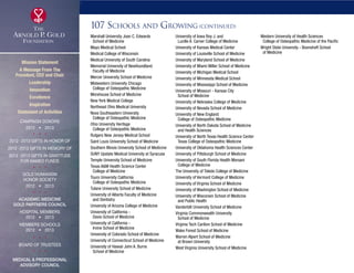 3
107 Schools and Growing (continued)
Marshall University Joan C. Edwards
	 School of Medicine
Mayo Medical School
Medical College of Wisconsin
Medical University of South Carolina
Memorial University of Newfoundland
	 Faculty of Medicine
Mercer University School of Medicine
Midwestern University Chicago
	 College of Osteopathic Medicine
Morehouse School of Medicine
New York Medical College
Northeast Ohio Medical University
Nova Southeastern University
	 College of Osteopathic Medicine
Ohio University Heritage
	 College of Osteopathic Medicine
Rutgers New Jersey Medical School
Saint Louis University School of Medicine
Southern Illinois University School of Medicine
SUNY Upstate Medical University at Syracuse
Temple University School of Medicine
Texas AM Health Science Center
	 College of Medicine
Touro University California
	 College of Osteopathic Medicine
Tulane University School of Medicine
University of Alberta Faculty of Medicine
	 and Dentistry
University of Arizona College of Medicine
University of California -
	 Davis School of Medicine
University of California -
	 Irvine School of Medicine
University of Colorado School of Medicine
University of Connecticut School of Medicine
University of Hawaii John A. Burns
	 School of Medicine
University of Iowa Roy J. and
	 Lucille A. Carver College of Medicine
University of Kansas Medical Center
University of Louisville School of Medicine
University of Maryland School of Medicine
University of Miami Miller School of Medicine
University of Michigan Medical School
University of Minnesota Medical School
University of Mississippi School of Medicine
University of Missouri - Kansas City
	 School of Medicine
University of Nebraska College of Medicine
University of Nevada School of Medicine
University of New England
	 College of Osteopathic Medicine
University of North Dakota School of Medicine
	 and Health Sciences
University of North Texas Health Science Center
	 Texas College of Osteopathic Medicine
University of Oklahoma Health Sciences Center
University of Pittsburgh School of Medicine
University of South Florida Health Morsani
	 College of Medicine
The University of Toledo College of Medicine
University of Vermont College of Medicine
University of Virginia School of Medicine
University of Washington School of Medicine
University of Wisconsin School of Medicine
	 and Public Health
Vanderbilt University School of Medicine
Virginia Commonwealth University
	 School of Medicine
Virginia Tech Carilion School of Medicine
Wake Forest School of Medicine
Warren Alpert School of Medicine
	 at Brown University
West Virginia University School of Medicine
Western University of Health Sciences
	 College of Osteopathic Medicine of the Pacific
Wright State University - Boonshoft School
	 of Medicine
Mission Statement
A Message From The
President, CEO and Chair
Leadership
Innovation
Excellence
Inspiration
Statement of Activities
Campaign Donors
2012  •  2013
  
2012 -2013 Gifts In Honor Of
2012 -2013 Gifts In Memory Of
2012 -2013 Gifts In Gratitude
For Named Funds
  
Gold Humanism 
Honor Society
2012  •  2013
  
Academic Medicine
Gold Partners Council
Hospital Members
2012  •  2013
MEMBERS SCHOOLS
2012  •  2013
  
Board of Trustees
  
Medical  Professional
Advisory Council
xxx
 