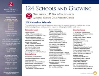 3
124 Schools and Growing
Maimonides Society
Columbia University
	 College of Physicians and Surgeons
The David Geffen School of Medicine at UCLA
The George Washington University
	 School of Medicine and Health Sciences
Icahn School of Medicine at Mount Sinai
Michigan State University
	 College of Osteopathic Medicine
New York University School of Medicine
Rush University Medical College
Sidney Kimmel Medical College
	 at Thomas Jefferson University
University of Massachusetts Medical School
Peabody Society
Duke University School of Medicine
Georgetown University School of Medicine
Harvard Medical School
Hofstra North Shore-LIJ School of Medicine
Indiana University School of Medicine
Johns Hopkins University School of Medicine
Keck School of Medicine
	 of the University of Southern California
Michigan State University
	 College of Human Medicine
NYIT College of Osteopathic Medicine
Oakland University William Beaumont
	 School of Medicine
Penn State College of Medicine
Perelman School of Medicine
	 at the University of Pennsylvania
Stanford University School of Medicine
Tufts University School of Medicine
University of California - San Diego
	 School of Medicine
The University of Chicago
	 Pritzker School of Medicine
University of Cincinnati College of Medicine
University of New Mexico School of Medicine
University of South Carolina
	 School of Medicine Greenville
University of Utah School of Medicine
UT School of Medicine San Antonio
Washington University in St. Louis
	 School of Medicine
Wayne State University School of Medicine
Weill Cornell Medical College
Schweitzer Society
A.T. Still University of Health Sciences
	 Kirksville College of Osteopathic Medicine
Albany Medical College
The Albert Einstein College of Medicine
Baylor College of Medicine
Case Western Reserve University
	 School of Medicine
Central Michigan University
	 College of Medicine
Chicago Medical School Rosalind Franklin
	University of Medicine and Science
The Commonwealth Medical College
Cooper Medical School of Rowan University
Creighton University School of Medicine
Des Moines University
	 College of Osteopathic Medicine
Drexel University College of Medicine
East Tennessee State University
	 Quillen College of Medicine
Eastern Virginia Medical School
ECU - Brody School of Medicine
Edward Via College of Osteopathic Medicine
FIU Herbert Wertheim College of Medicine
CONTINUED – CLICK HERE
The Arnold P. Gold Foundation
Academic Medicine Gold Partners CouncilMission Statement
A Message From The
President, CEO and Chair
Leadership
Innovation
Excellence
Inspiration
Statement of Activities
Campaign Donors
2012  •  2013
  
2012 -2013 Gifts In Honor Of
2012 -2013 Gifts In Memory Of
2012 -2013 Gifts In Gratitude
For Named Funds
  
Gold Humanism 
Honor Society
2012  •  2013
  
Academic Medicine
Gold Partners Council
Hospital Members
2012  •  2013
MEMBERS SCHOOLS
2012  •  2013
  
Board of Trustees
  
Medical  Professional
Advisory Council
xxx
2013 Member Schools
The medical schools listed here signal a shared determination to advance humanism in medicine, and convey
to the medical profession and the public the importance of keeping the CARE in health care.
 