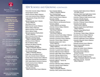 3
124 Schools and Growing (continued)
Florida State University College of Medicine
Georgia Regents University
Howard University College of Medicine
Loma Linda University School of Medicine
Loyola University Chicago Stritch School
	 of Medicine
Marshall University Joan C. Edwards
	 School of Medicine
Mayo Medical School
McGill University Faculty of Medicine
Medical College of Wisconsin
Medical University of South Carolina
Meharry Medical College
Memorial University of Newfoundland
	 Faculty of Medicine
Mercer University School of Medicine
Midwestern University Chicago
	 College of Osteopathic Medicine
Morehouse School of Medicine
New York Medical College
Northeast Ohio Medical University
Nova Southeastern University
	 College of Osteopathic Medicine
The Ohio State University College of Medicine
Ohio University Heritage
	 College of Osteopathic Medicine
Rutgers New Jersey Medical School
Saint Louis University School of Medicine
Southern Illinois University School of Medicine
Stony Brook University/Stony Brook Medicine
SUNY Upstate Medical University at Syracuse
Temple University School of Medicine
Texas AM Health Science
	 Center College of Medicine
Texas Tech University
	 Health Sciences Center School of Medicine
Touro University California
	 College of Osteopathic Medicine
Touro University Nevada
	 College of Osteopathic Medicine
Tulane University School of Medicine
University at Buffalo,
	 The State University of New York
School of Medicine and Biomedical Sciences
University of Alberta
	 Faculty of Medicine and Dentistry
University of Arizona College of Medicine
University of California -
	 Davis School of Medicine
University of California -
	 Irvine School of Medicine
University of Central Florida College of Medicine
University of Colorado School of Medicine
University of Connecticut School of Medicine
University of Florida College of Medicine
University of Hawaii John A. Burns
	 School of Medicine
University of Iowa Roy J. and Lucille A. Carver
	 College of Medicine
University of Kansas Medical Center
University of Louisville School of Medicine
University of Maryland School of Medicine
University of Miami Miller School of Medicine
University of Michigan Medical School
University of Minnesota Medical School
University of Mississippi School of Medicine
University of Missouri - Kansas City
	 School of Medicine
University of Nebraska College of Medicine
University of Nevada School of Medicine
University of New England
	 College of Osteopathic Medicine
University of North Carolina School of Medicine
University of North Dakota School of Medicine
	 and Health Sciences
University of North Texas Health Science Center
	 Texas College of Osteopathic Medicine
University of Oklahoma Health Sciences Center
University of Pikeville-Kentucky
	 College of Osteopathic Medicine
University of Pittsburgh School of Medicine
University of South Dakota
	 Sanford School of Medicine
University of South Florida Health Morsani
	 College of Medicine
University of Texas Medical Branch
	 School of Medicine
The University of Toledo College of Medicine
University of Vermont College of Medicine
University of Virginia School of Medicine
University of Washington School of Medicine
University of Wisconsin School of Medicine
	 and Public Health
Vanderbilt University School of Medicine
Virginia Commonwealth University
	 School of Medicine
Virginia Tech Carilion School of Medicine
Wake Forest School of Medicine
Warren Alpert School of Medicine
	 at Brown University
West Virginia University School of Medicine
Western University of Health Sciences
	 College of Osteopathic Medicine of the Pacific
Wright State University - Boonshoft
	 School of Medicine
Mission Statement
A Message From The
President, CEO and Chair
Leadership
Innovation
Excellence
Inspiration
Statement of Activities
Campaign Donors
2012  •  2013
  
2012 -2013 Gifts In Honor Of
2012 -2013 Gifts In Memory Of
2012 -2013 Gifts In Gratitude
For Named Funds
  
Gold Humanism 
Honor Society
2012  •  2013
  
Academic Medicine
Gold Partners Council
Hospital Members
2012  •  2013
MEMBERS SCHOOLS
2012  •  2013
  
Board of Trustees
  
Medical  Professional
Advisory Council
xxx
 