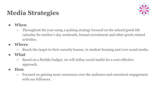 Media Strategies
● When
○ Throughout the year using a pulsing strategy focused on the school/greek life
calendar for mother’s day weekends, formal recruitment and other greek-related
activities.
● Where
○ Reach the target in their sorority houses, in student housing and over social media.
● What
○ Based on a flexible budget, we will utilize social media for a cost-effective
approach.
● How
○ Focused on gaining more awareness over the audience and consistent engagement
with our followers.
 