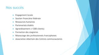 Nos succès
 Engagement locale
 Soutien financière fédérale
 Ressources humaines
 Partenariats établis
 Agrandissement (>1200 clients)
 Formation des stagiaires
 Réseautage des professionnels francophones
 Association Albertain des Centres communautaires
 