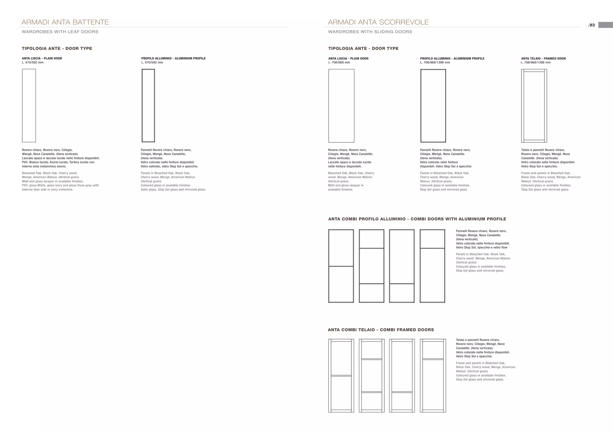 ARMADI ANTA BATTENTE                                                                                           ARMADI ANTA SCORREVOLE                                                                                                                                 .93
WARDROBES WITH LEAF DOORS                                                                                      WARDROBES WITH SLIDING DOORS



TIPOLOGIA ANTE - DOOR TYPE                                                                                     TIPOLOGIA ANTE - DOOR TYPE

ANTA LISCIA - PLAIN DOOR                                     PROFILO ALLUMINIO - ALUMINIUM PROFILE             ANTA LISCIA - PLAIN DOOR           PROFILO ALLUMINIO - ALUMINIUM PROFILE                                  ANTA TELAIO - FRAMED DOOR
L. 470/592 mm                                                L. 470/592 mm                                     L. 706/968 mm                      L. 706/968/1398 mm                                                     L. 706/968/1398 mm




Rovere chiaro, Rovere nero, Ciliegio,                        Pannelli Rovere chiaro, Rovere nero,              Rovere chiaro, Rovere nero,        Pannelli Rovere chiaro, Rovere nero,                                   Telaio e pannelli Rovere chiaro,
Wengè, Noce Canaletto. (Vena verticale).                     Ciliegio, Wengè, Noce Canaletto.                  Ciliegio, Wengè, Noce Canaletto.   Ciliegio, Wengè, Noce Canaletto.                                       Rovere nero, Ciliegio, Wengè, Noce
Laccato opaco e laccato lucido nelle finiture disponibili.   (Vena verticale).                                 (Vena verticale).                  (Vena verticale).                                                      Canaletto. (Vena verticale).
PVC: Bianco lucido, Avorio lucido, Tortora lucido con        Vetro colorato nelle finiture disponibili.        Laccato opaco e laccato lucido     Vetro colorato nelle finiture                                          Vetro colorato nelle finiture disponibili.
interno anta melaminico avorio.                              Vetro satinato, vetro Stop Sol e specchio.        nelle finiture disponibili.        disponibili. Vetro Stop Sol e specchio                                 Vetro Stop Sol e specchio.

Bleached Oak, Black Oak, Cherry wood,                        Panels in Bleached Oak, Black Oak,                Bleached Oak, Black Oak, Cherry    Panels in Bleached Oak, Black Oak,                                     Frame and panels in Bleached Oak,
Wenge, American Walnut. (Vertical grain).                    Cherry wood, Wenge, American Walnut.              wood, Wenge, American Walnut.      Cherry wood, Wenge, American                                           Black Oak, Cherry wood, Wenge, American
Matt and gloss lacquer in available finishes.                (Vertical grain).                                 (Vertical grain).                  Walnut. (Vertical grain).                                              Walnut. (Vertical grain).
PVC: gloss White, gloss Ivory and gloss Dove-grey with       Coloured glass in available finishes.             Matt and gloss lacquer in          Coloured glass in available finishes.                                  Coloured glass in available finishes.
internal door side in ivory melamine.                        Satin glass, Stop Sol glass and mirrored glass.   available finishes.                Stop Sol glass and mirrored glass                                      Stop Sol glass and mirrored glass.




                                                                                                               ANTA COMBI PROFILO ALLUMINIO - COMBI DOORS WITH ALUMINIUM PROFILE

                                                                                                                                                                            Pannelli Rovere chiaro, Rovere nero,
                                                                                                                                                                            Ciliegio, Wengè, Noce Canaletto.
                                                                                                                                                                            (Vena verticale).
                                                                                                                                                                            Vetro colorato nelle finiture disponibili.
                                                                                                                                                                            Vetro Stop Sol, specchio e vetro flow

                                                                                                                                                                            Panels in Bleached Oak, Black Oak,
                                                                                                                                                                            Cherry wood, Wenge, American Walnut.
                                                                                                                                                                            (Vertical grain).
                                                                                                                                                                            Coloured glass in available finishes.
                                                                                                                                                                            Stop Sol glass and mirrored glass.




                                                                                                               ANTA COMBI TELAIO - COMBI FRAMED DOORS

                                                                                                                                                                            Telaio e pannelli Rovere chiaro,
                                                                                                                                                                            Rovere nero, Ciliegio, Wengè, Noce
                                                                                                                                                                            Canaletto. (Vena verticale).
                                                                                                                                                                            Vetro colorato nelle finiture disponibili.
                                                                                                                                                                            Vetro Stop Sol e specchio.

                                                                                                                                                                            Frame and panels in Bleached Oak,
                                                                                                                                                                            Black Oak, Cherry wood, Wenge, American
                                                                                                                                                                            Walnut. (Vertical grain).
                                                                                                                                                                            Coloured glass in available finishes.
                                                                                                                                                                            Stop Sol glass and mirrored glass.
 