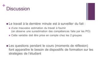 +
Discussion
 Le travail à la dernière minute est à surveiller du fait :
 d’une mauvaise estimation du travail à fournir
(on observe une surestimation des compétences faite par les PO)
 Cette variable doit être prise en compte chez les 2 groupes
 Les questions pendant le cours (moments de réflexion)
font apparaître le besoin de dispositifs de formation sur les
stratégies de l’étudiant
 