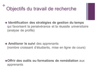 +
Objectifs du travail de recherche
 Identification des stratégies de gestion du temps
qui favorisent la persévérance et la réussite universitaire
(analyse de profils)
 Améliorer le suivi des apprenants
(nombre croissant d’étudiants, mise en ligne de cours)
Offrir des outils ou formations de remédiation aux
apprenants
 