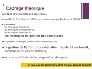 +
Cadrage théorique
A propos des stratégies de l’apprenant…
 Modèle de Pintrich et al. (1993), repris notamment par Boulet et al. (1996)
 en 4 volets :
les stratégies cognitives,
les stratégies métacognitives,
les stratégies affectives et
les stratégies de gestion des ressources
 la gestion du temps et de l’environnement d’étude
la gestion de l’effort (procrastination, régularité du travail,
persistance en cas de difficulté)
le recours à l’aide de l’enseignant ou des pairs
en lien avec de nombreux autres travaux dans ce domaine
 