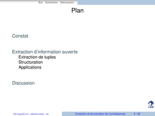 But Extraction Discussion
Plan
Constat
Extraction d’information ouverte
Extraction de tuples
Structuration
Applications
Di...