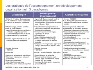 Les pratiques de l’accompagnement en développement organisationnel : 3 paradigmes ACFAS 2011 – Benoît Hurtel – Colloque 508 – 12 mai 2011 Conseil/expert Développement Organisationnel Approches émergentes  Début du 19 e  siècle  –  École classique F.W. Taylor avec secteur secondaire Sciences de la gestion : Taylorisme Après la 2 e  Guerre mondiale aux É-U Kurt Lewin (1940) en laboratoire fonctionnement et dynamique de groupe puis  T-Groups  (1950) Années 1995-2000 J-F. Ballay (2002) Socialisation des savoirs organisationnels et N. Gravel (2006) Planifier, diriger, orienter, contrôler… Plan de travail préétabli  Apport de solutions/recommandations  –  diffusées aux parties prenantes  –  aux concernés pour mise en œuvre Ingénierie sociale ou réingénierie Gestion organisationnelle en tant que sciences jugées par des experts Transformation des organisations et valorisation contribution des personnes Proche du conseil/expert Conseil/expert et animateur pour dynamique de groupe échelle réduite Souvent croissance personnelle Pratique réflexive sans outillage d’analyse méthodique ou réflexion poussée Impulsion vers l’organisation apprenante Senge (1993) Nonaka/Takeuchi (1995) Accompagnement  collaboratif  Gestionnaire de processus  + design Dialogue et collaboration authentique Coconstruction entre parties prenantes de pistes vs objectifs recherchés Communauté de pratique Ouverture d’esprit  Confiance intelligence des  savoirs des personnes Écoute attentive, questionnement  Prise de conscience vs Résistance des décideurs des organisations Pensée structurée 1980-1995 Pensée structurée 1992-2005 Systèmes émergents (complexité, incertitude, chaos, effacement  de soi)) COGEMA BASF – HYDRO-QUÉBEC (1998-2007) SAAQ  2005-aujourd’hui Approches techniques et scientifiques Recherche majeure avec lecture et publications Chercheur universitaire Chercheur/accompagnateur Chercheur garde visée outils expertise Peu d’éléments de recherche France : analyse réflexion, esprit critique, appel aux chercheurs propre visée et écrit leur modèle Amérique du Nord : action, croissance, grande efficacité Coconstruction des savoirs Apprentissage des méthodologies Faire des rapports CAID 