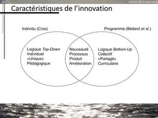 Caractéristiques de l’innovation
10 ACFAS 2011 -Lison et al.
Logique Top-Down
Individuel
«Unique»
Pédagogique
Logique Bottom-Up
Collectif
«Partagé»
Curriculaire
Nouveauté
Processus
Produit
Amélioration
Individu (Cros) Programme (Bédard et al.)
 