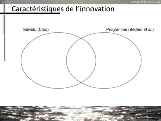 Caractéristiques de l’innovation
6 ACFAS 2011 -Lison et al.
Logique Top-Down
Individuel
«Unique»
Pédagogique
Logique Bottom-Up
Collectif
«Partagé»
Curriculaire
Nouveauté
Processus
Produit
Amélioration
Individu (Cros) Programme (Bédard et al.)
 