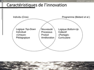 Caractéristiques de l’innovation
10 ACFAS 2011 -Lison et al.
Logique Top-Down
Individuel
«Unique»
Pédagogique
Logique Bott...