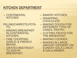 KITCHEN DEPARTMENT
 CONTINENTAL
KITCHEN
PILLINGCARROTS,POTA
TO.
 MAKING BREAKFAST
IN CONTINENTAL
KITCHEN.
 FINE CHOPPING
GARLIC & FRENCH
BEANS.
 GRATED BEETROOT
TO ADD IN
BREAKFAST.
 BAKERY KITCHEN
 WRAPPING
CHOCOLATE
 MAKING DOUGH FOR
DIFFERENT TYPS OF
CAKES, PASTRY.
 CUTTING FRUITS FOR
THE BRAEKFAST.
 MAKING COOKIES.
 MAKING IN LARGE
AMOUNT DESSERT ON
SUNDAY GALA LUNCH
& GALA DINNER.
 