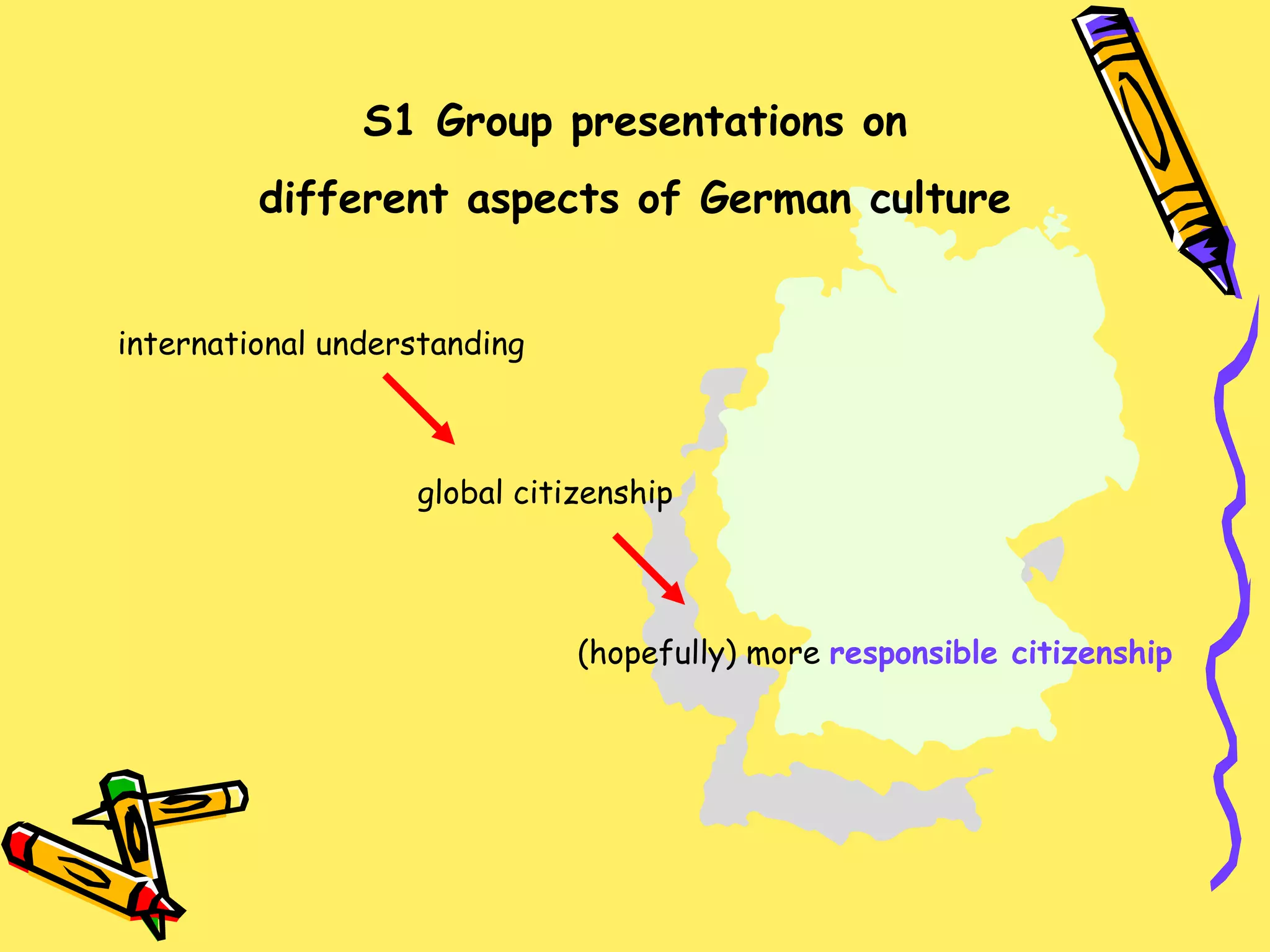 S1 Group presentations on different aspects of German culture international understanding global citizenship (hopefully) more  responsible citizenship 