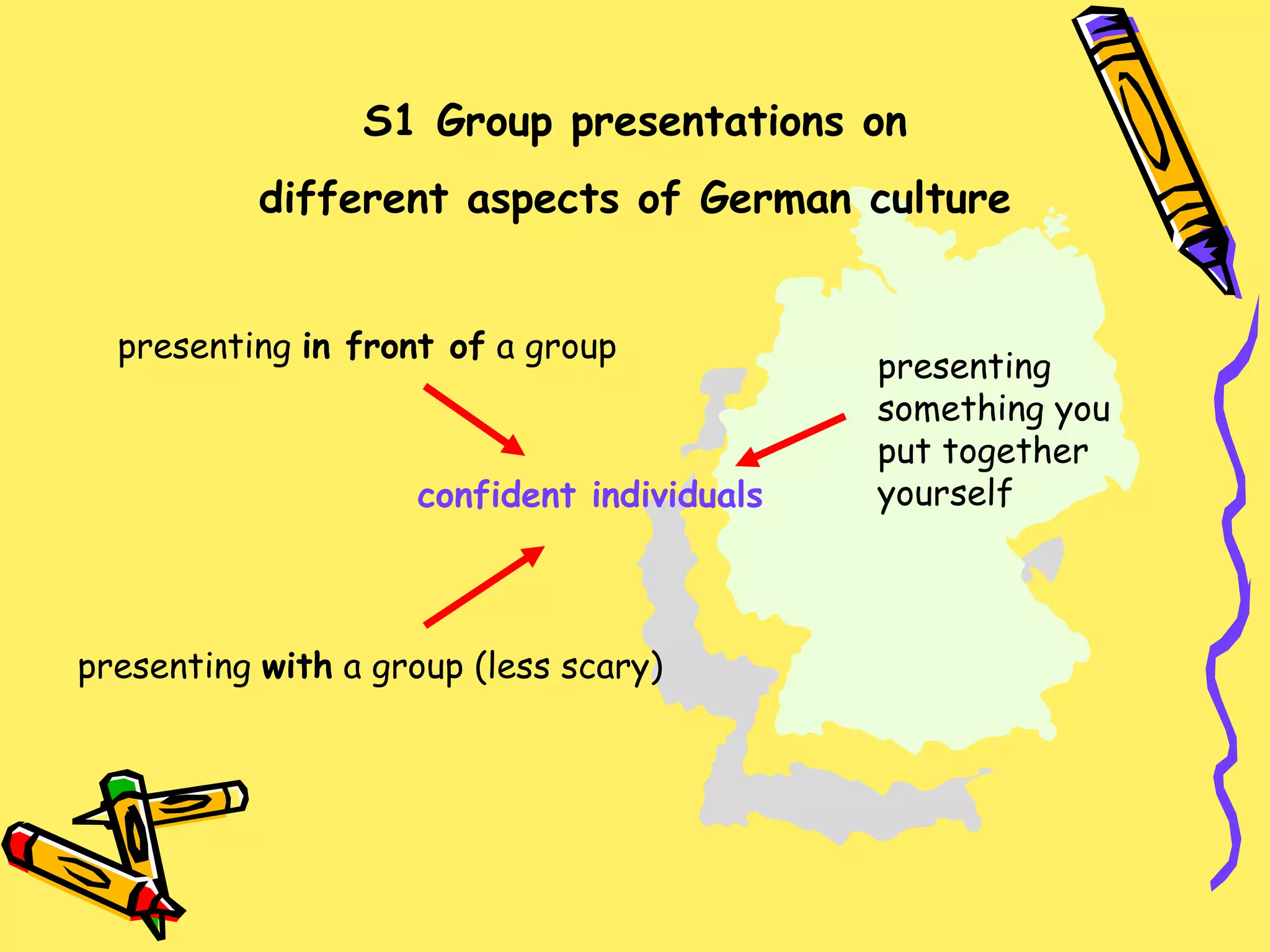 S1 Group presentations on different aspects of German culture presenting  in front of  a group confident individuals presenting  with  a group (less scary) presenting something you put together yourself 