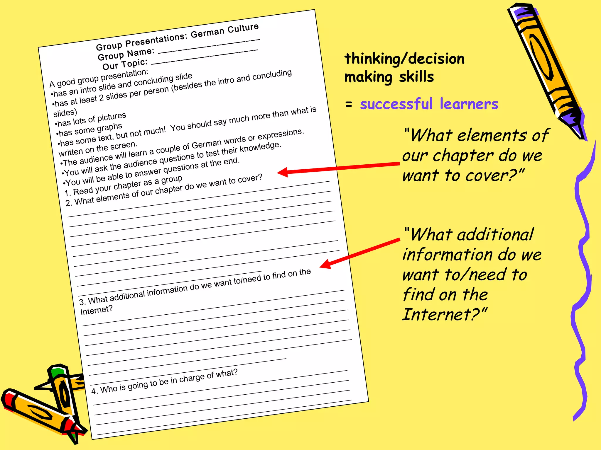 Group Presentations: German Culture Group Name: _____________________ Our Topic: ______________________ A good group presentation: has an intro slide and concluding slide has at least 2 slides per person (besides the intro and concluding slides) has lots of pictures has some graphs has some text, but not much!  You should say much more than what is written on the screen. The audience will learn a couple of German words or expressions. You will ask the audience questions to test their knowledge. You will be able to answer questions at the end. 1. Read your chapter as a group 2. What elements of our chapter do we want to cover? ____________________________________________________________________________________________________________________________________________________________________________________________________________________________________________________________________________________________________________________________________________________ __________________________________________________________________________________________________________________________________________________________________________ 3. What additional information do we want to/need to find on the Internet? _________________________________________________________________________________________________________________________________________________________________________________________________________________________________________________________________________________________________________________________________________________________________________________________________________________________________________ 4. Who is going to be in charge of what? _____________________________________________________________ _____________________________________________________________ _____________________________________________________________ _____________________________________________________________ “ What elements of our chapter do we want to cover?” “ What additional information do we want to/need to find on the Internet?” thinking/decision making skills =  successful learners 