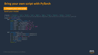 © 2020, Amazon Web Services, Inc. or its Affiliates.
Bring your own script with PyTorch
classes = ('plane', 'car', 'bird',...