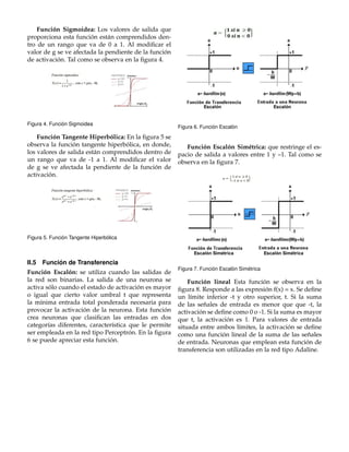 Funci´on Sigmoidea: Los valores de salida que 
proporciona esta funci´on est´an comprendidos den-tro 
de un rango que va de 0 a 1. Al modificar el 
valor de g se ve afectada la pendiente de la funci´on 
de activaci ´on. Tal como se observa en la figura 4. 
Figura 4. Funci´on Sigmoidea 
Funci´on Tangente Hiperb´ olica: En la figura 5 se 
observa la funci´on tangente hiperb´ olica, en donde, 
los valores de salida est´an comprendidos dentro de 
un rango que va de -1 a 1. Al modificar el valor 
de g se ve afectada la pendiente de la funci´on de 
activaci ´on. 
Figura 5. Funci´on Tangente Hiperb´ olica 
II.5 Funci ´on de Transferencia 
Funci´on Escal´on: se utiliza cuando las salidas de 
la red son binarias. La salida de una neurona se 
activa s´olo cuando el estado de activaci ´on es mayor 
o igual que cierto valor umbral t que representa 
la m´ınima entrada total ponderada necesaria para 
provocar la activaci ´on de la neurona. Esta funci´on 
crea neuronas que clasifican las entradas en dos 
categor´ıas diferentes, caracter´ıstica que le permite 
ser empleada en la red tipo Perceptr´on. En la figura 
6 se puede apreciar esta funci´on. 
Figura 6. Funci´on Escal´on 
Funci´on Escal´on Sim´etrica: que restringe el es-pacio 
de salida a valores entre 1 y –1. Tal como se 
observa en la figura 7. 
Figura 7. Funci´on Escal´on Sim´ etrica 
Funci´on lineal Esta funci´on se observa en la 
figura 8. Responde a las expresi ´on f(x) = x. Se define 
un l´ımite inferior -t y otro superior, t. Si la suma 
de las se ˜ nales de entrada es menor que que -t, la 
activaci ´on se define como 0 o -1. Si la suma es mayor 
que t, la activaci ´on es 1. Para valores de entrada 
situada entre ambos l´ımites, la activaci ´on se define 
como una funci´on lineal de la suma de las se ˜ nales 
de entrada. Neuronas que emplean esta funci´on de 
transferencia son utilizadas en la red tipo Adaline. 
 