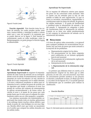 Figura 8. Funci´on Lineal 
Funci´on sigmoidal Esta funci´on toma los va-lores 
de entrada, los cuales pueden oscilar entre 
m´as y menos infinito, y restringe la salida a valores 
entre cero y uno, de acuerdo a la expresi ´on que 
se puede obervar en la figura 9. Esta funci´on es 
com´unmente usada en redes multicapa, como la 
Backpropagation, en parte porque la funci´on logsig 
es diferenciable 
Figura 9. Funci´on Sigmoidal 
II.6 Funci ´on de Aprendizaje 
Aprendizaje Supervisado Se requiere el empareja-miento 
de cada vector de entrada con su correspon-diente 
vector de salida. El entrenamiento consiste en 
presentar un vector de entrada a la red, calcular la 
salida de la red, compararla con la salida deseada, 
y el error o diferencia resultante se utiliza para re-alimentar 
la red y cambiar los pesos de acuerdo con 
un algoritmo que tiende a minimizar el error. Las 
parejas de vectores del conjunto de entrenamiento 
se aplican secuencialmente y de forma c´ıclica. Se 
calcula el error y el ajuste de los pesos por cada 
pareja hasta que el error para el conjunto de entre-namiento 
entero sea un valor peque˜no y aceptable. 
Los sistemas neuronales con entrenamiento su-pervisado 
han tenido ´exito en muchas aplicaciones 
y sin embargo tienen muchas cr´ıticas debido a que 
desde el punto de vista biol ´ogico no son muy l ´ogi-cos. 
Resulta dif´ıcil creer que existe un mecanismo 
en el cerebro que compare las salidas deseadas con 
las salidas reales. 
Aprendizaje No Supervisado 
No se requiere de influencia externa para ajustar 
los pesos de las conexiones entre neuronas. Solo 
se cuenta con las entradas para la red, en este 
sentido se habla de auto organizaci´on. Lo que se 
busca es encontrar caracter´ısticas, regularidades o 
correlaciones entre los datos de entrada. Se generan 
las salidas mediante: 1. El grado de familiaridad 
o similitud entre la informaci´on de entrada y las 
del pasado. 2. Agrupando en categor´ıas a partir 
de correlaciones entre la informaci´on de entrada. 
Cuando no se tiene una salida predeterminada 
la red compara la informaci´on de entrada con la 
informaci´on del sistema. 
III RESULTADOS 
A la hora de aplicar redes neuronales, y en general 
para cualquier problema de reconocimiento de pa-trones, 
hay una serie de pasos que ser´an comunes a 
la mayor´ıa de los problemas. 
 Representaci´on original de los datos 
 Pre procesamiento de los datos originales 
para codificarlos en un formato apropiado 
para la red neuronal. 
 Procesamiento de la informaci´on. (aplicaci ´on 
de la red neuronal) 
 Interpretaci ´on de los resultados. 
 1. Representaci´on de la informaci´on origi-nal. 
Lo primero que debemos tener en cuenta, es la 
representaci´on original de los datos que se debe 
procesar, en este caso, una red neuronal, cuya base 
de conocimiento permite clasificar si una persona 
es docente o estudiante en base a la Ropa que lleva 
y a su edad. En las figuras 10 y 11 se puede apreciar 
la informaci´on que se consider´o para realizar la 
clasificaci ´on. 
 Funci´on Hardlim 
Figura 10. Informaci´on para la construcci ´on de la red. Hardlim 
 