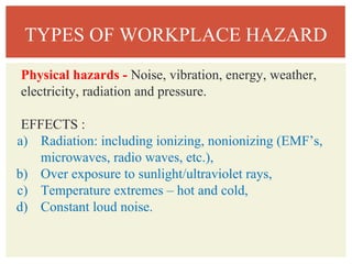 TYPES OF WORKPLACE HAZARD
Physical hazards - Noise, vibration, energy, weather,
electricity, radiation and pressure.
EFFECTS :
a) Radiation: including ionizing, nonionizing (EMF’s,
microwaves, radio waves, etc.),
b) Over exposure to sunlight/ultraviolet rays,
c) Temperature extremes – hot and cold,
d) Constant loud noise.
 